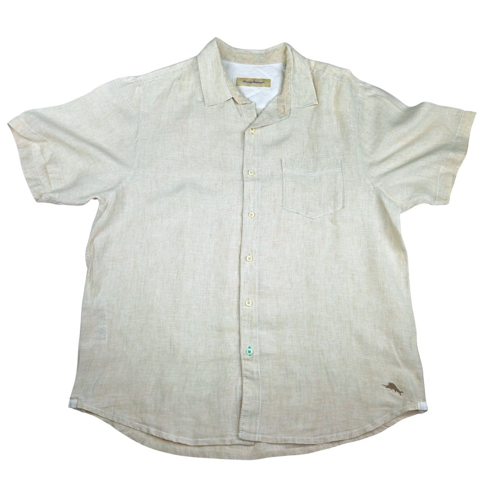 Tommy Bahama Mens Large 100% Linen Short Sleeve Button Down Shirt Beige Marlin